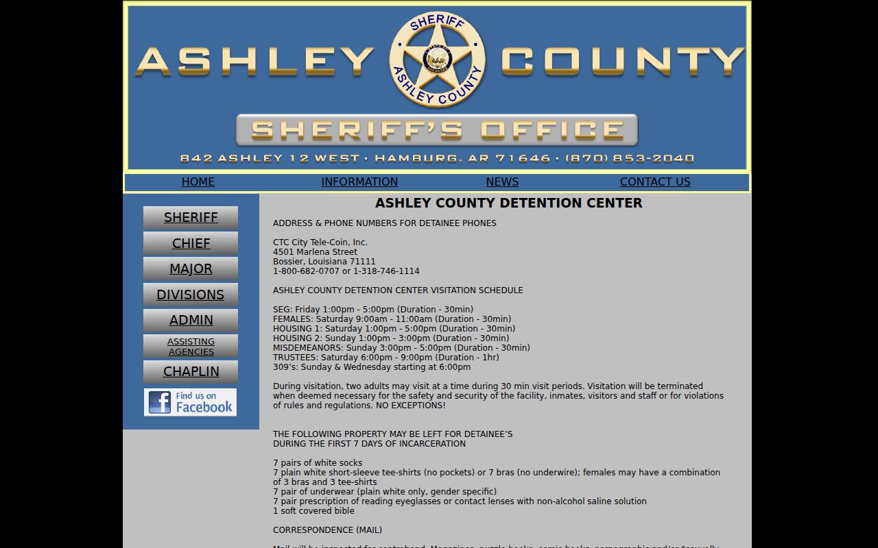 Ashley County Detention Center rules and booking contact information