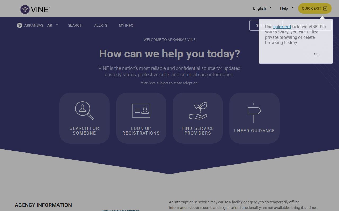 Arkansas VINE portal for custody notifications