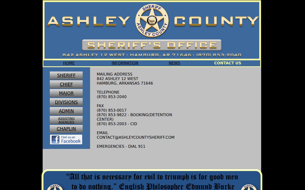 Ashley County Sheriff contact and booking numbers