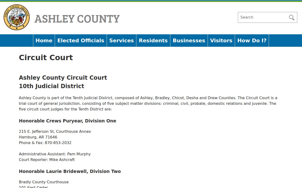 Ashley County Circuit Court division information