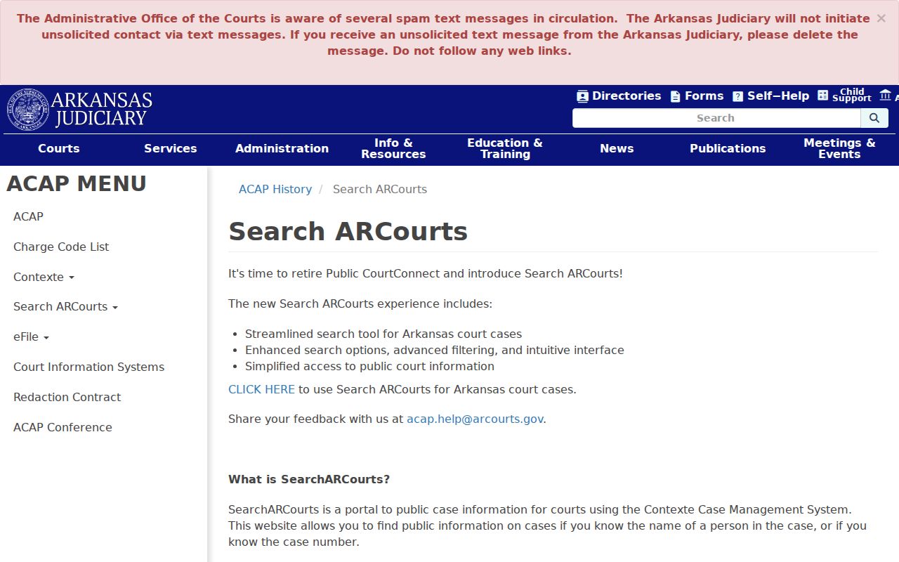 Arkansas Judiciary CourtConnect information for public case records