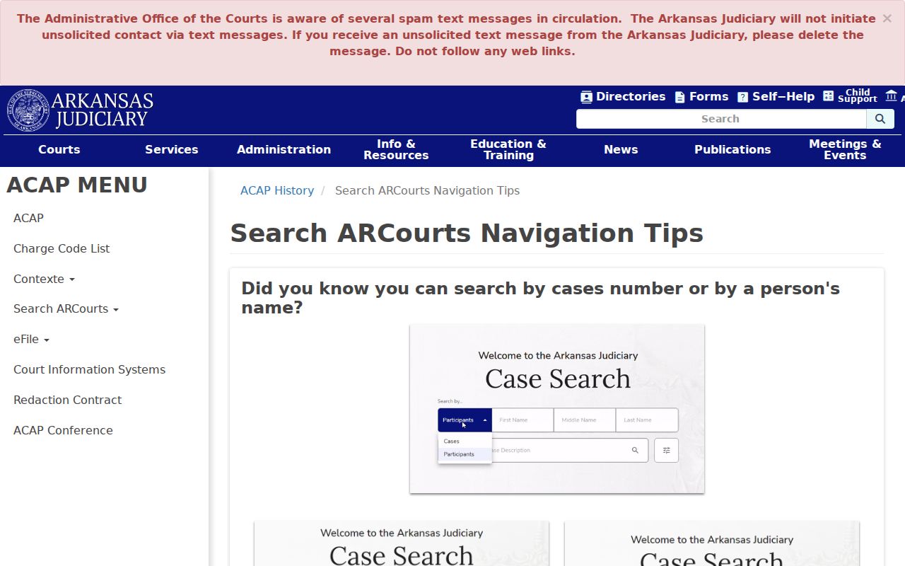 Search ARCourts navigation tips for public case search