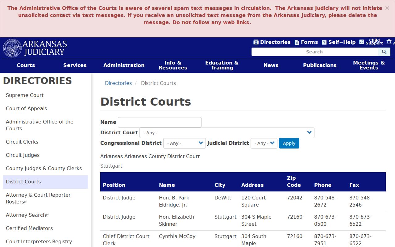 Arkansas district court directory source for Ashley County local court routing